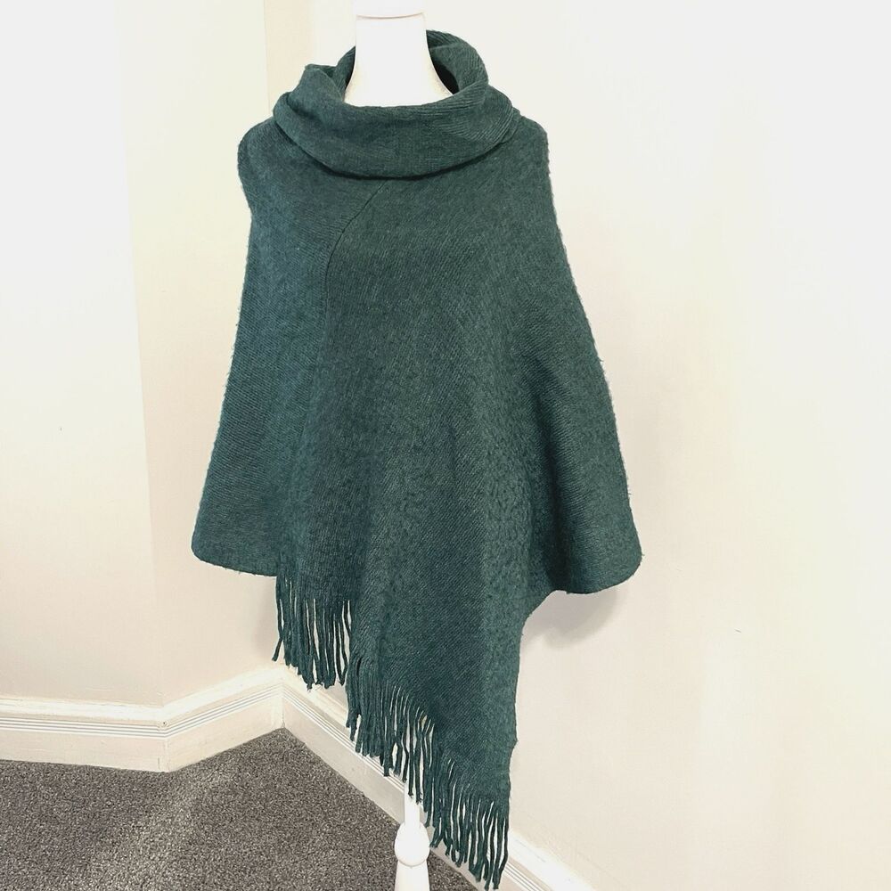 Chicos Fringe Poncho One Size OS Sweater Pullover Dark Green Knit